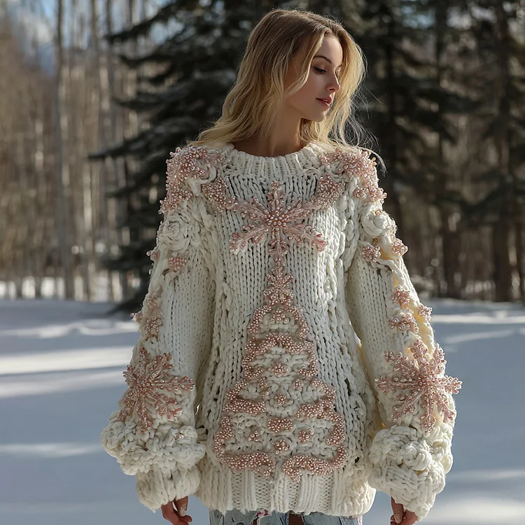 Women's Pink Snowflake Pearl Christmas Tree Knitted Jacquard Sweater