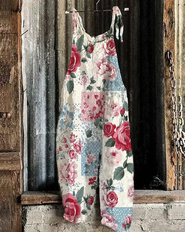 Retro Artistic Floral Loose Jumpsuit