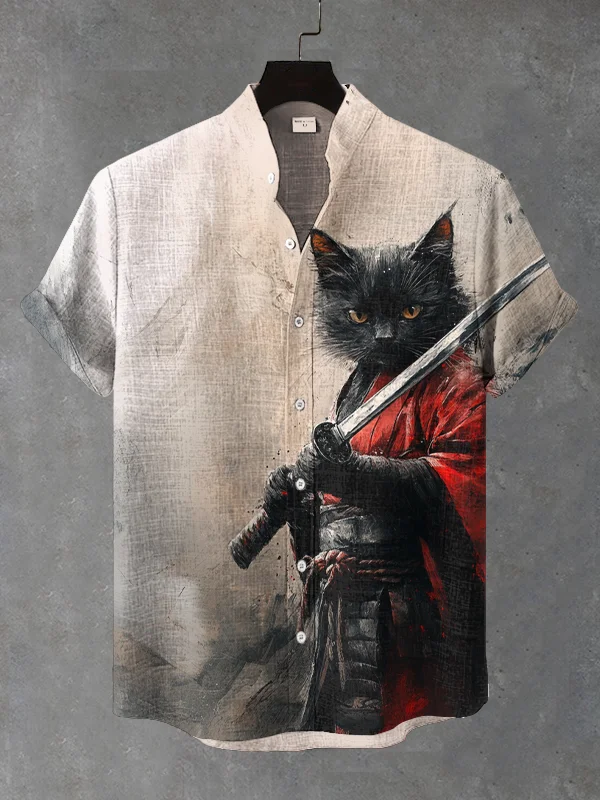 Men's Black Cat Samurai Ink Art Print Short Sleeve Shirt