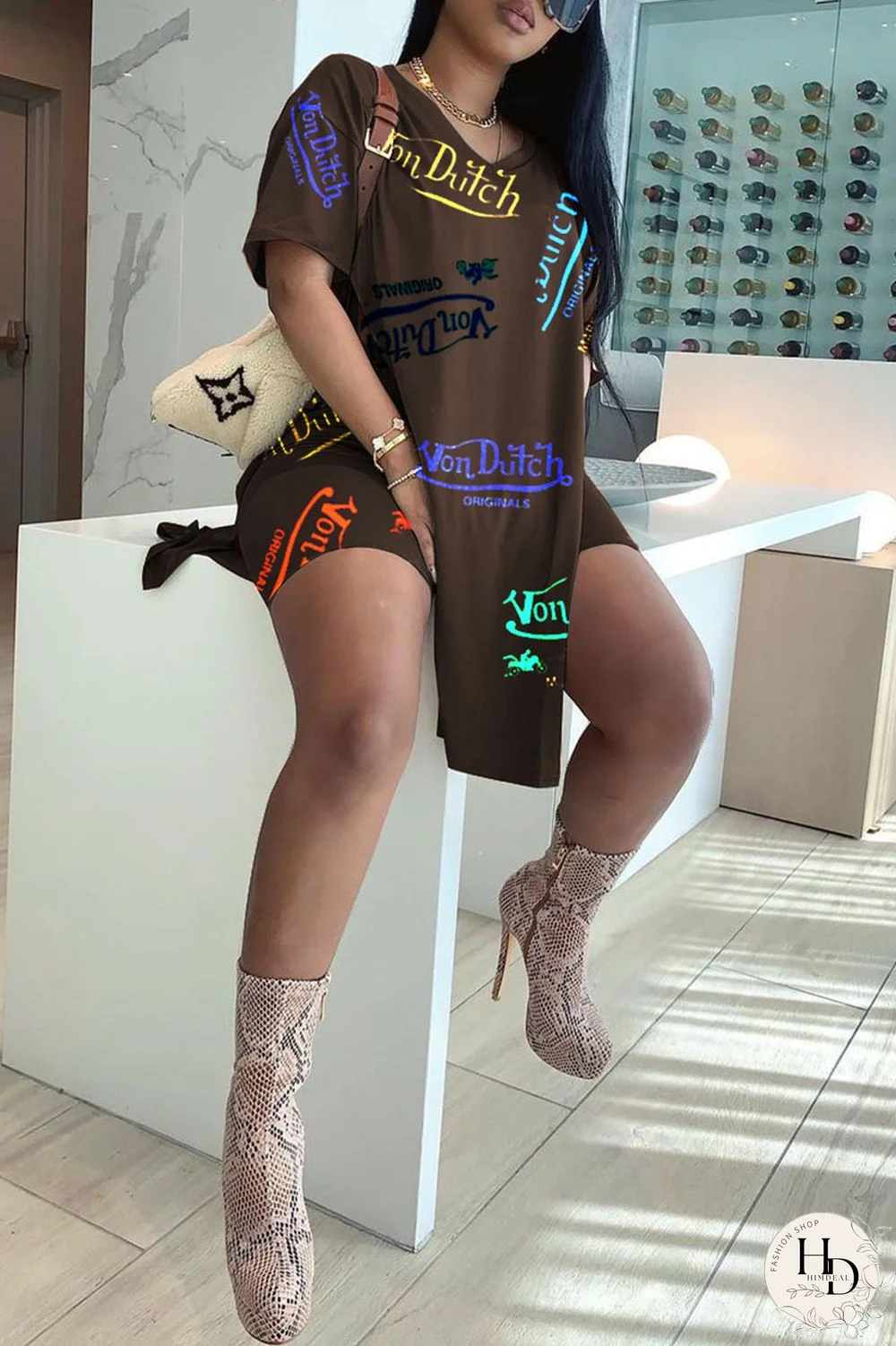 Black Fashion Casual Print Slit V Neck Short Sleeve Two Pieces