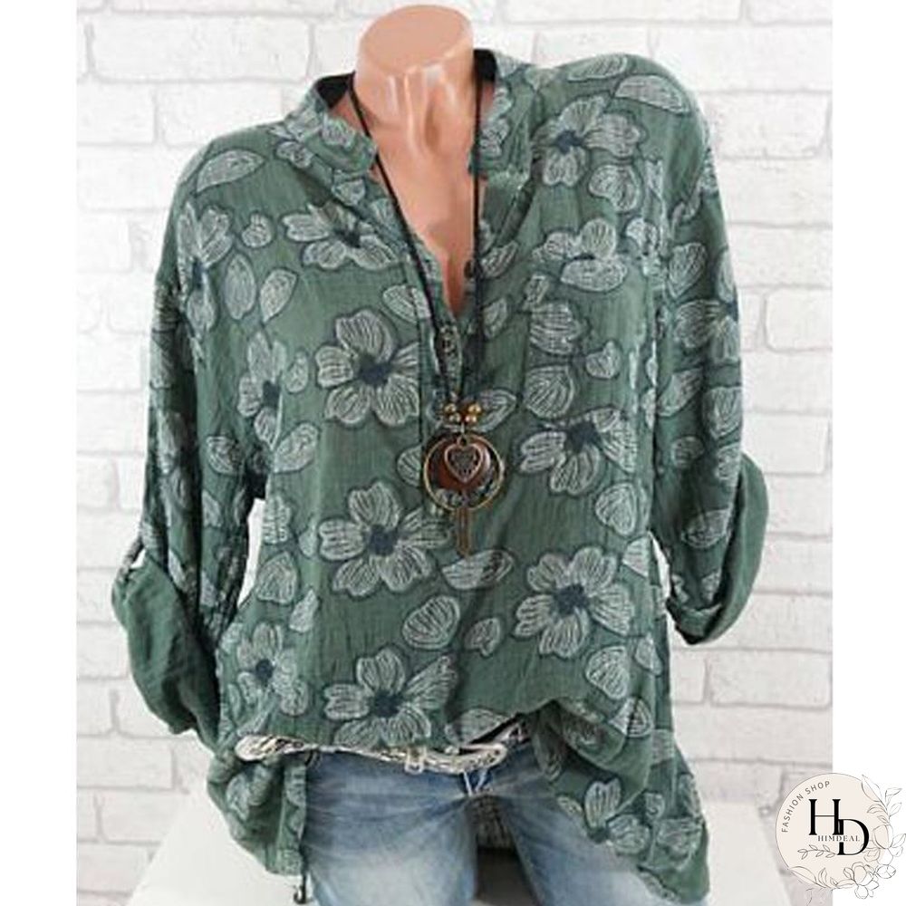 Women Floral Print Long Sleeve V Neck Blouse Chiffon Casual Tops Plus Size