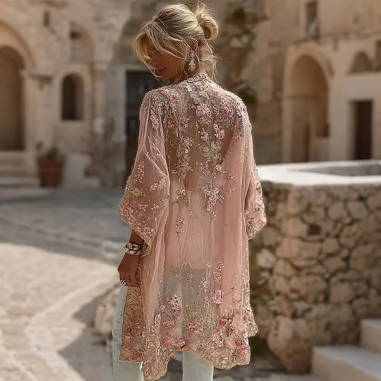 Women's Bohemian Pink Floral Embroidered Art Casual Cardigan