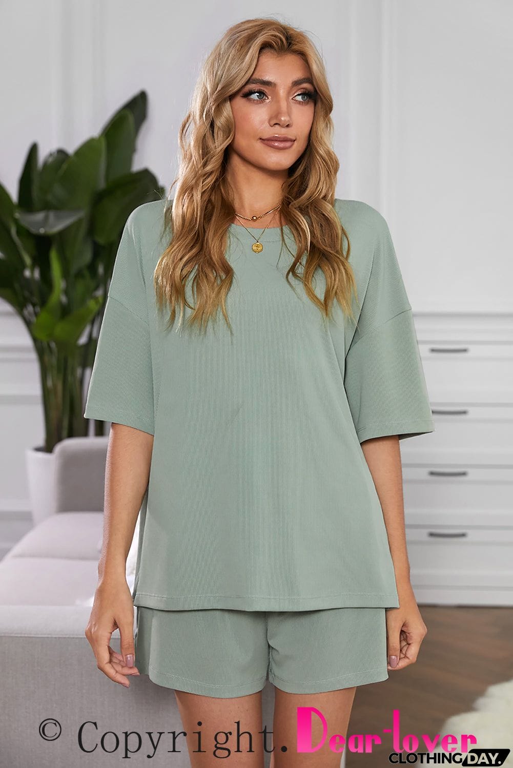 Khaki Crew Neck Short Sleeve Ribbed Lounge Set