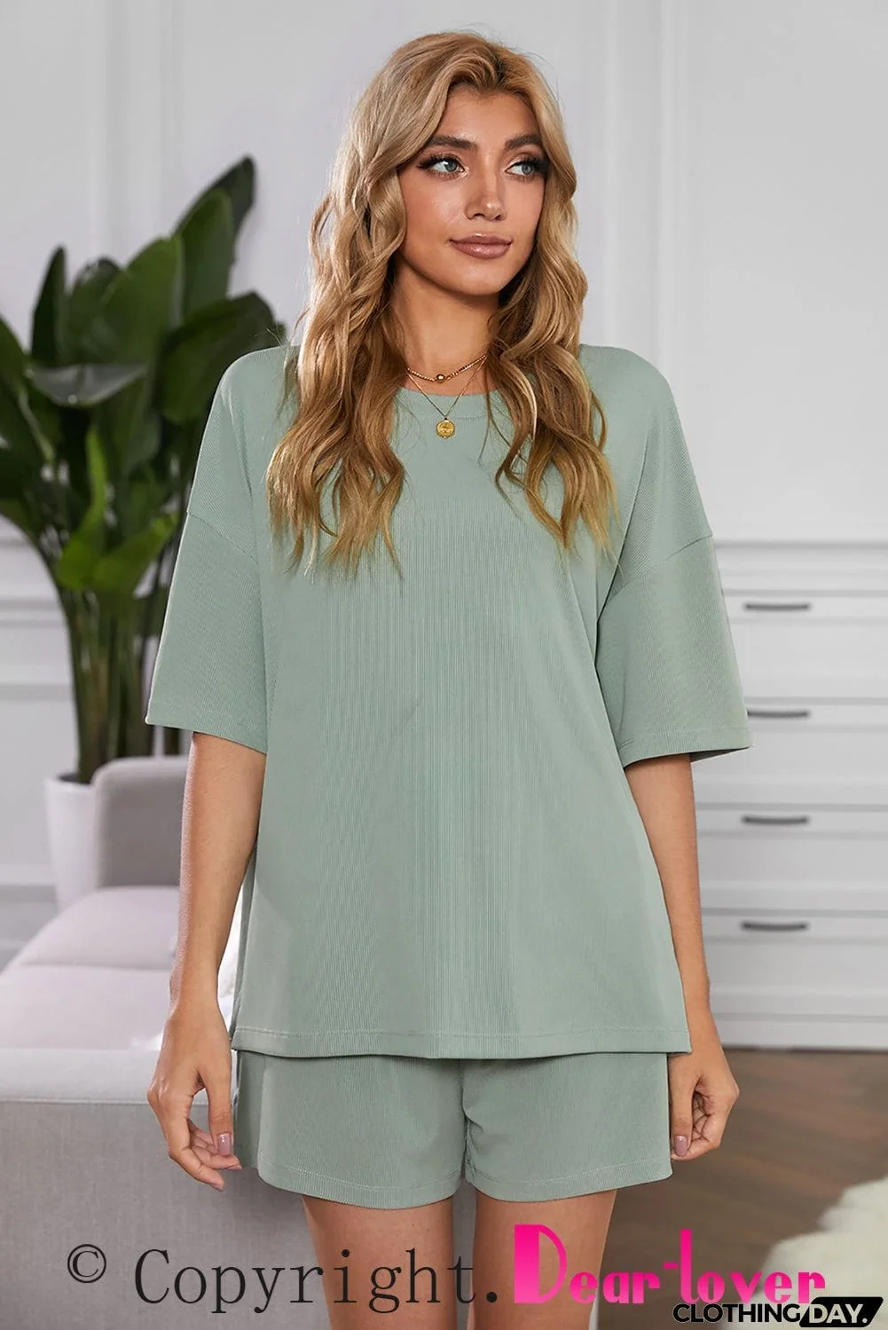 Khaki Crew Neck Short Sleeve Ribbed Lounge Set