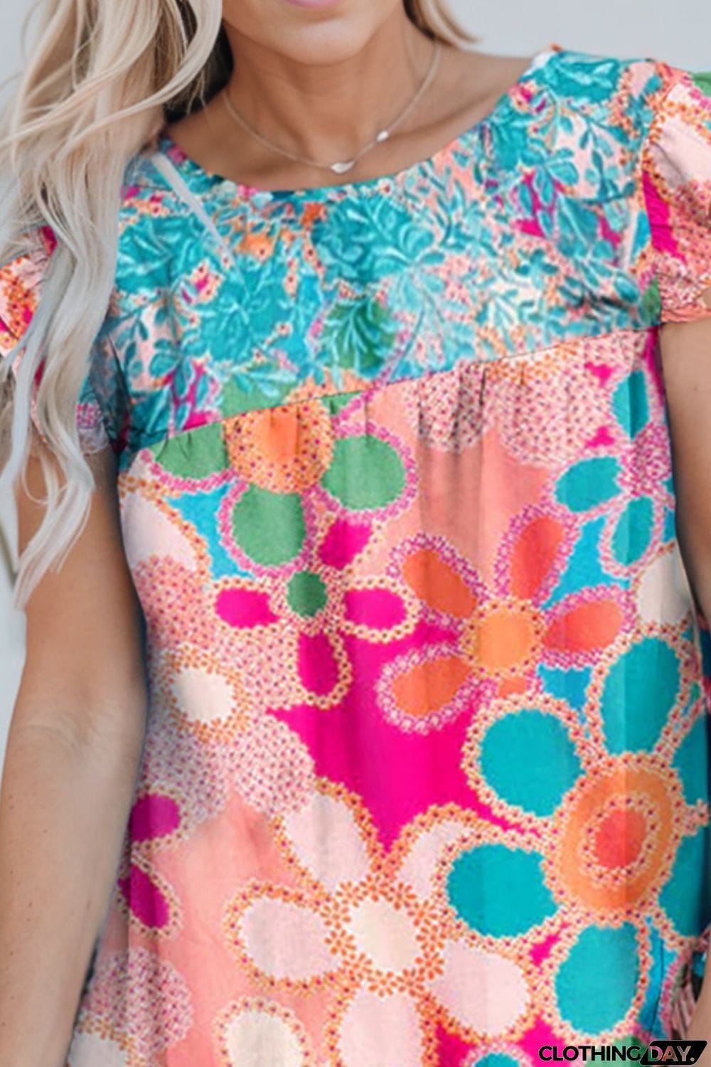 Floral Round Neck Flutter Sleeve Dress