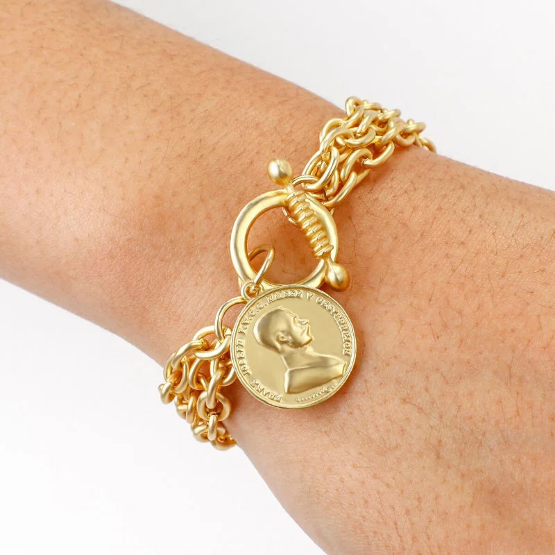 Multilayer Thick Chain with Portrait Coin and Safety Pin Charm Bracelets