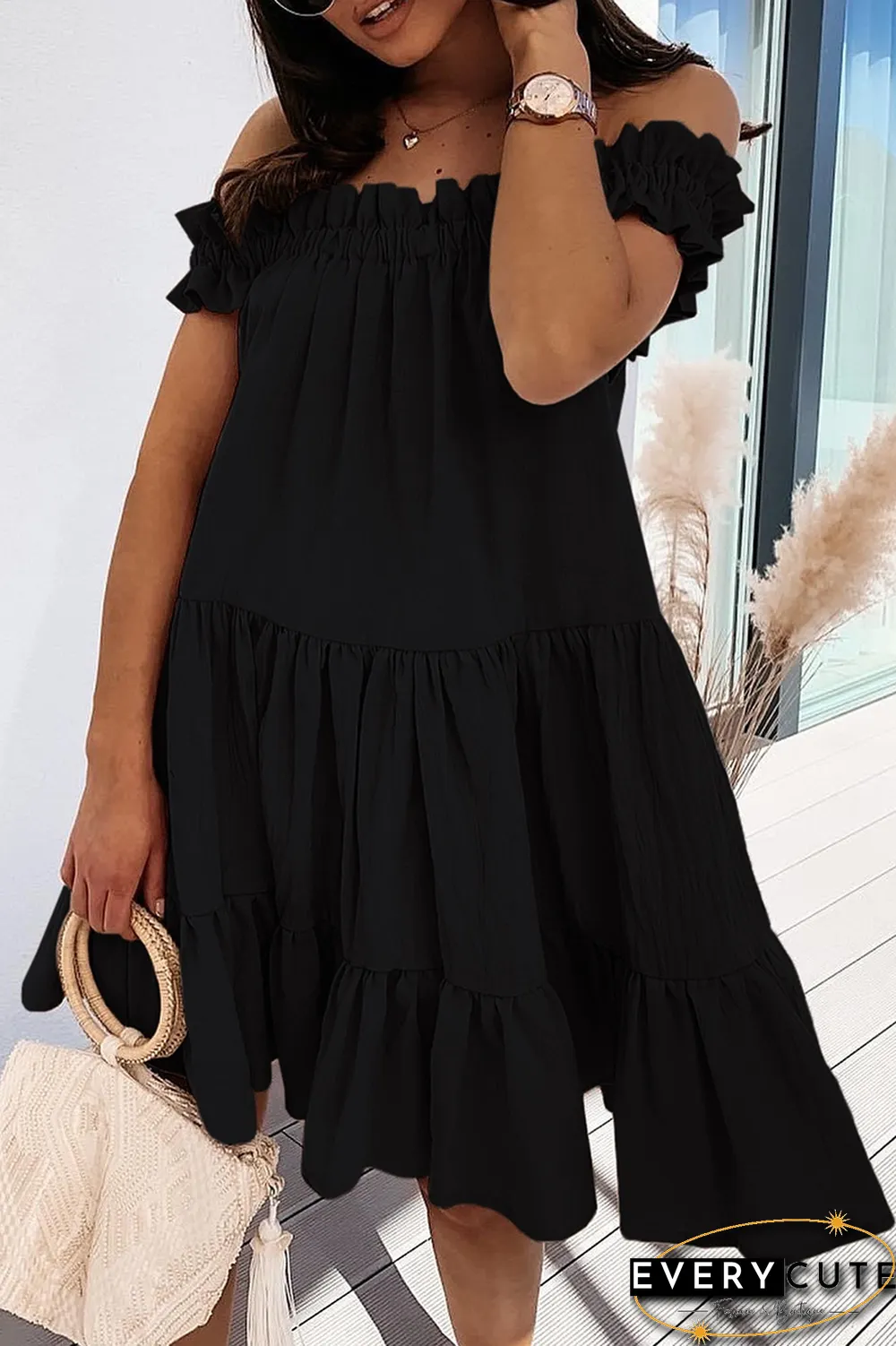 Sweet Solid Patchwork Flounce Off The Shoulder Cake Skirt Dresses(5 Colors)