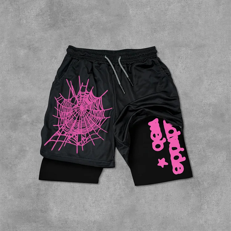 Spider Worldwide Web Print Drawstring Double Layer Gym Shorts SOPULA