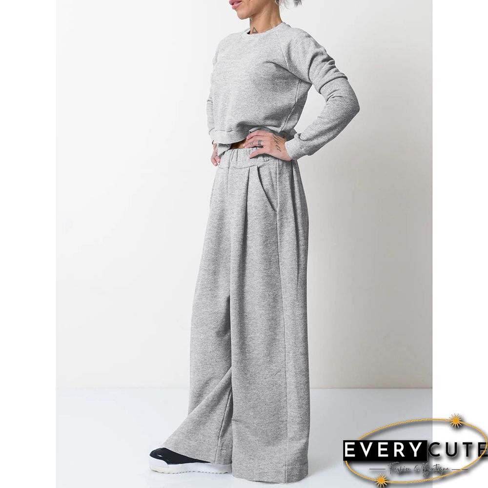 Light Gray Irregular Sweatshirt with Wide Leg Casual Pant Set
