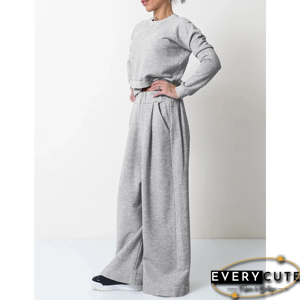 Light Gray Irregular Sweatshirt with Wide Leg Casual Pant Set