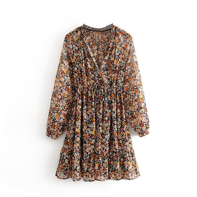 2020 New Summer Boho Floral Print Dress Women Lantern Long Sleeve Pleated Dresses V Neck Beach Mini Dress Female Roupa Feminina