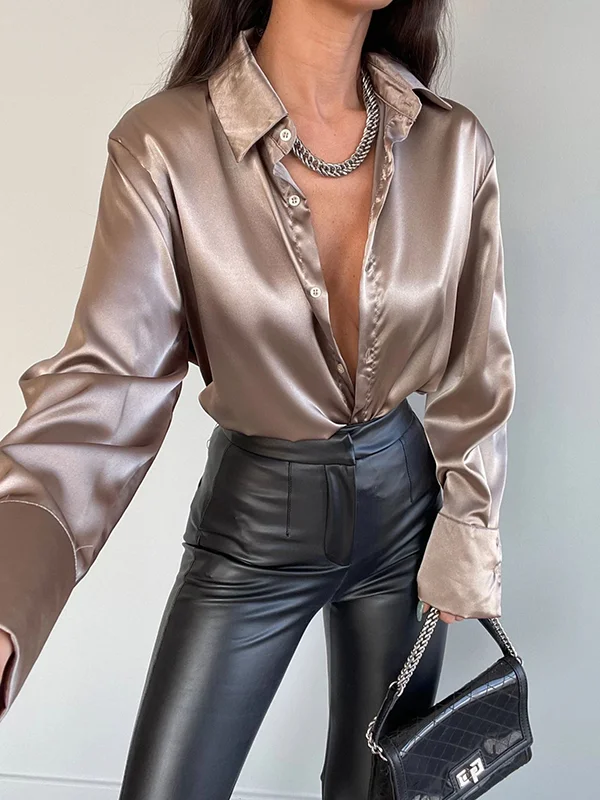 Long Sleeves Loose Buttoned Shiny Solid Color Lapel Blouses&Shirts Tops