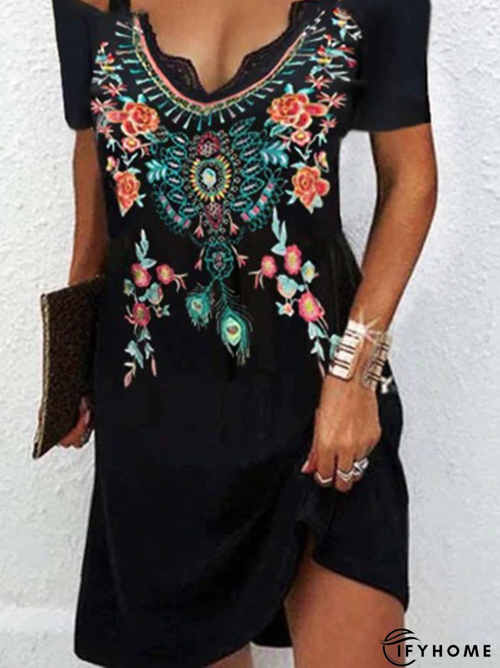Ethnic V Neck Lace Cold Shoulder Casual A-Line Dress | IFYHOME