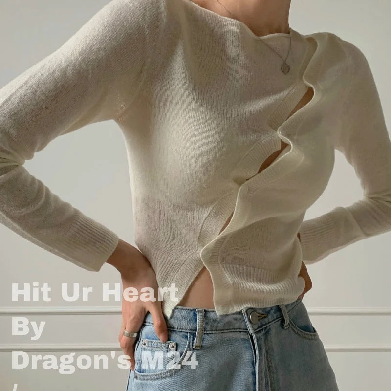 Y2kIrregular Design White Knit Cardigan Women's Autumn Long Sleeve Bottoming Shirt 2022 New Short Tops