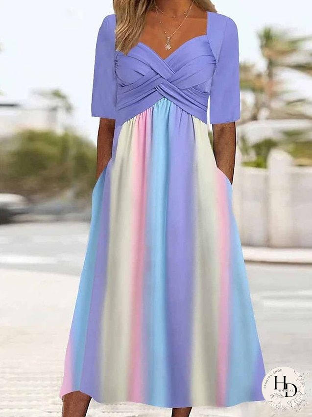Casual Dress A Line Dress Summer Dress Rainbow Pocket Twist V Neck Midi Dress Fashion Streetwear Outdoor Daily Short Sleeve Regular Fit Purple Summer Spring S M L XL XXL for Women