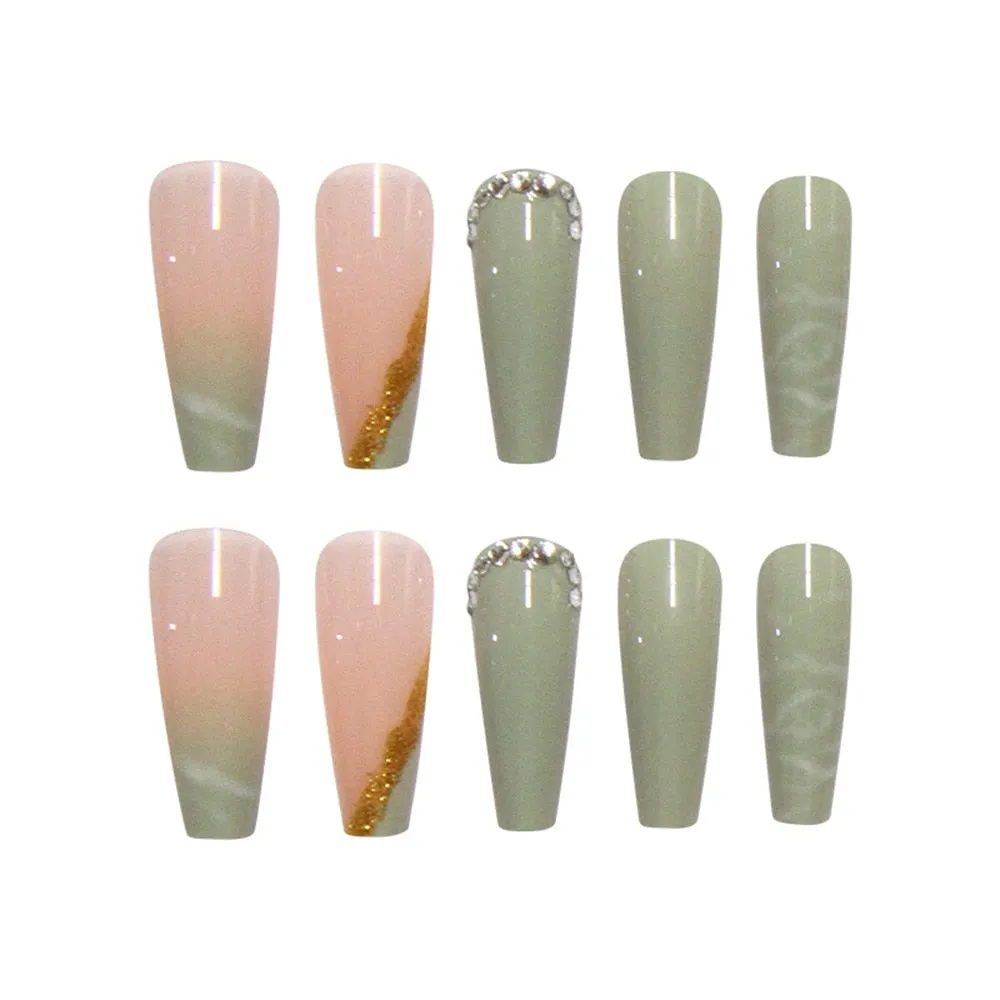 24pcs/Box Matcha Green Color With Rhinestone Long Coffin False Nails Full Cover Ballerina Press On Nails Wearable Fake Nails-Nail Inspo