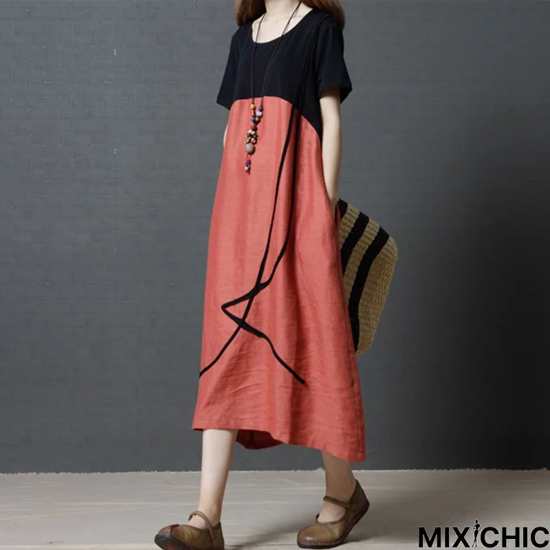 Loose Large Women's Fashion Cotton Linen Contrast Stitching Medium and Long Round Neck Dress