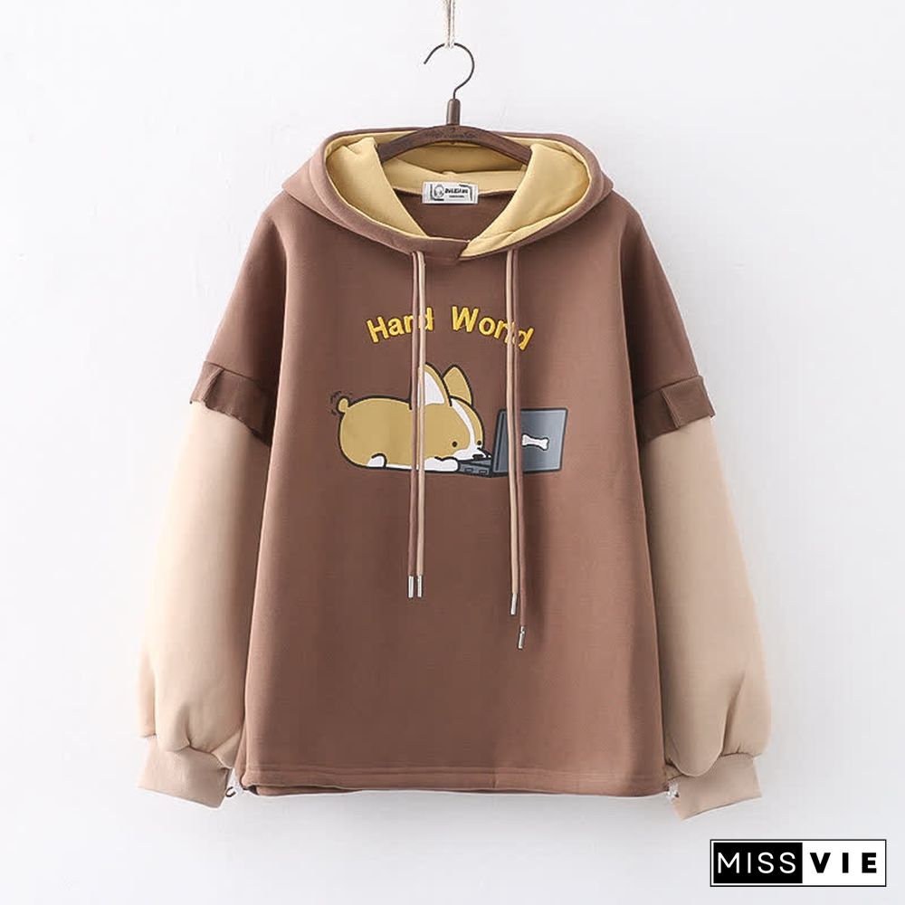 Cartoon Puppy Letter Embroidery Colorblock Plush Hoodie
