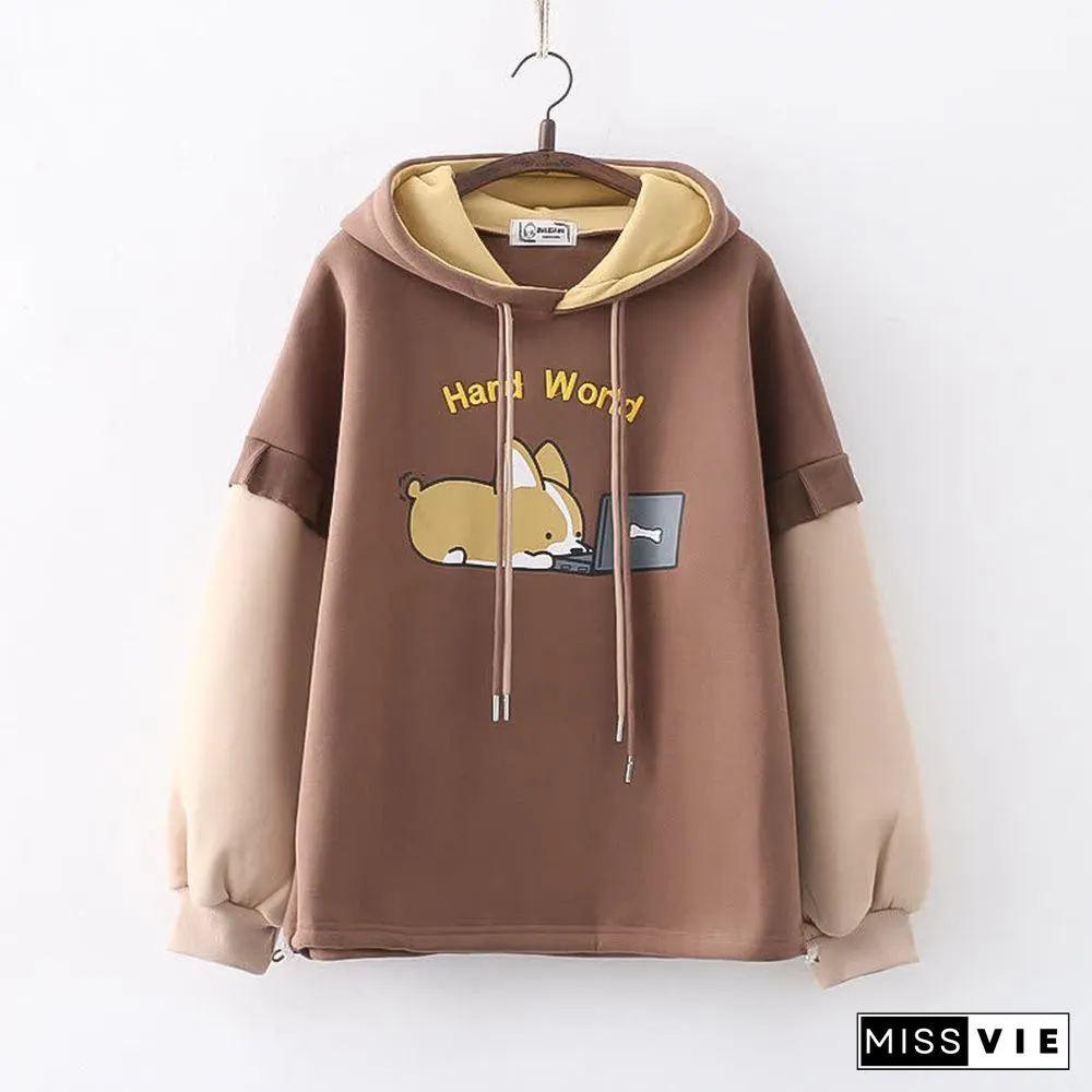 Cartoon Puppy Letter Embroidery Colorblock Plush Hoodie