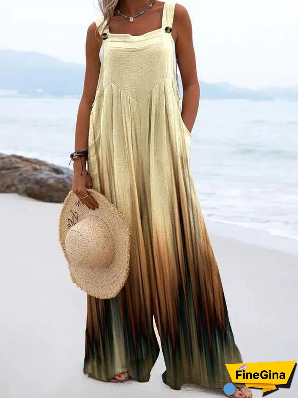 Women'S Jumpsuits Printed Sleeveless Pocket Wide-Leg Jumpsuit