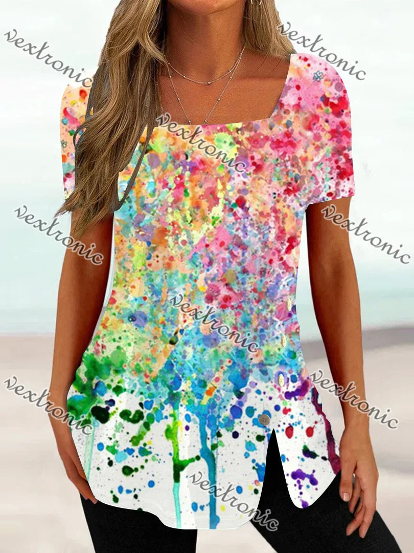 Women's Short Sleeve U-neck Printed Graphic Button Top