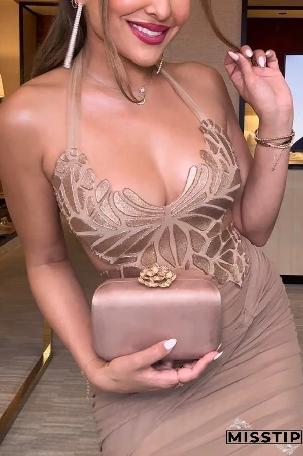 Timeless Beauty Gold Metallic Butterfly Back Lace-up Halter Tank