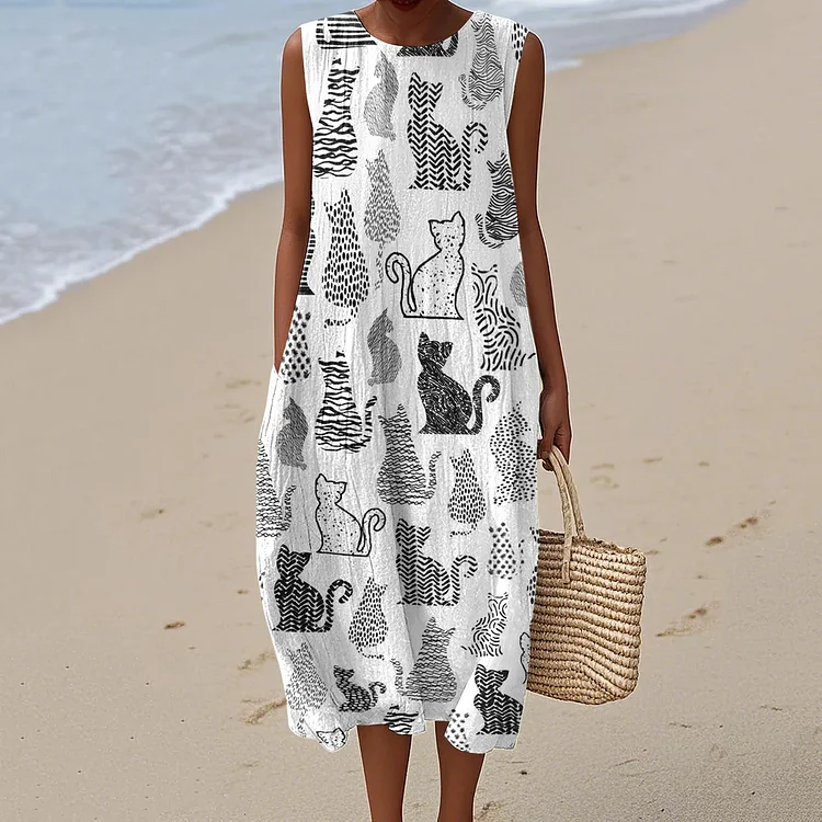 VChics Women's Vintage Geometric Black Cat Art Linen Tank Midi Dress