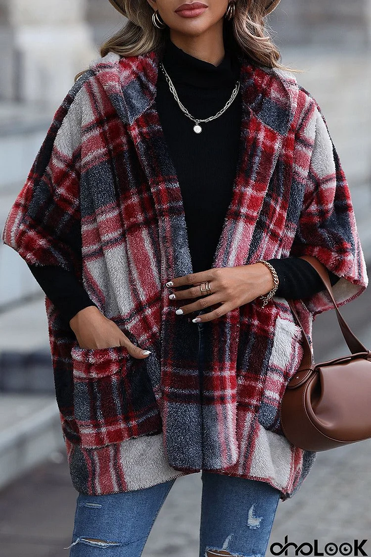 Street British Style Plaid Contrast Hooded Collar Outerwear
