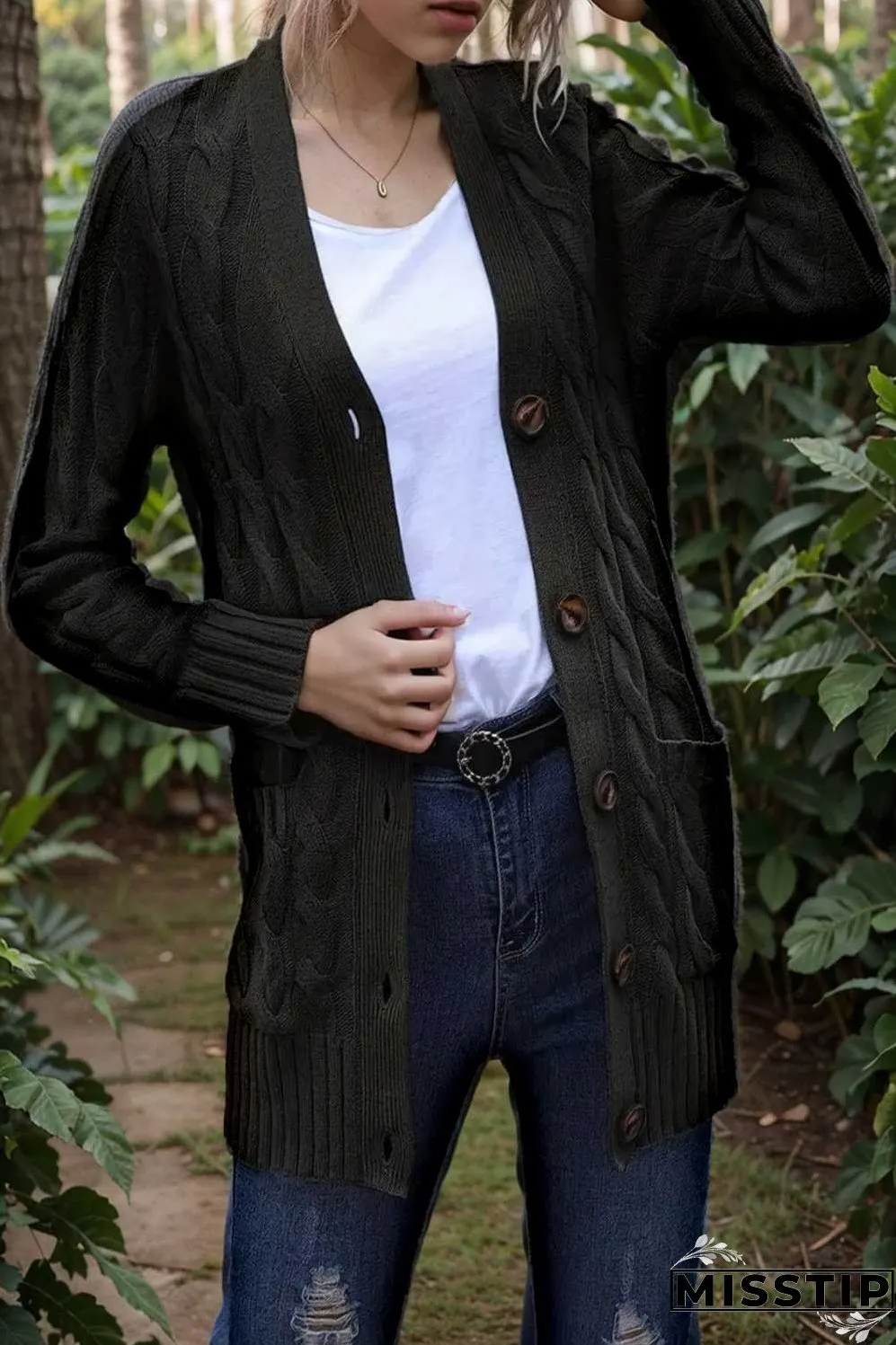 cozy cable knit button front long sleeve cardigan