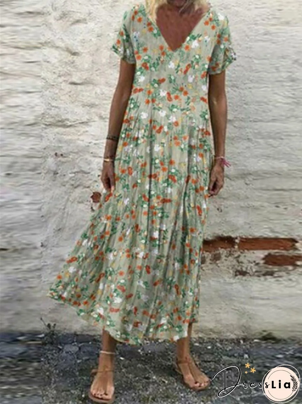 New V-neck Short Sleeve Long Skirt Retro Print Loose Dress Women's Dress