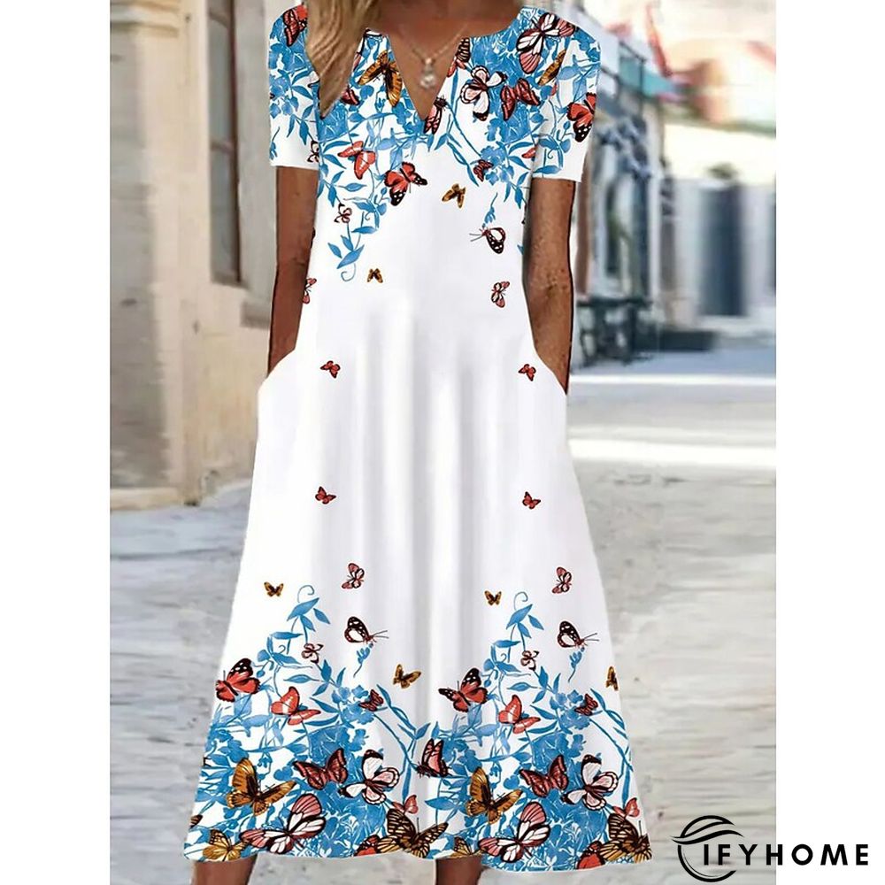 Women's Casual Dress Shift Dress Swing Dress Floral Butterfly Pocket Print V Neck Midi Dress Active Fashion Outdoor Vacation Short Sleeve Regular Fit White Blue Green Spring Summer S M L XL XXL | IFYHOME
