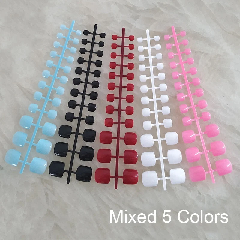 Mixed 5 Colors full cover false nails short foot fake nails Candy Color 24pcs/set press on nails foot toe french nail art tips-Nail Inspo