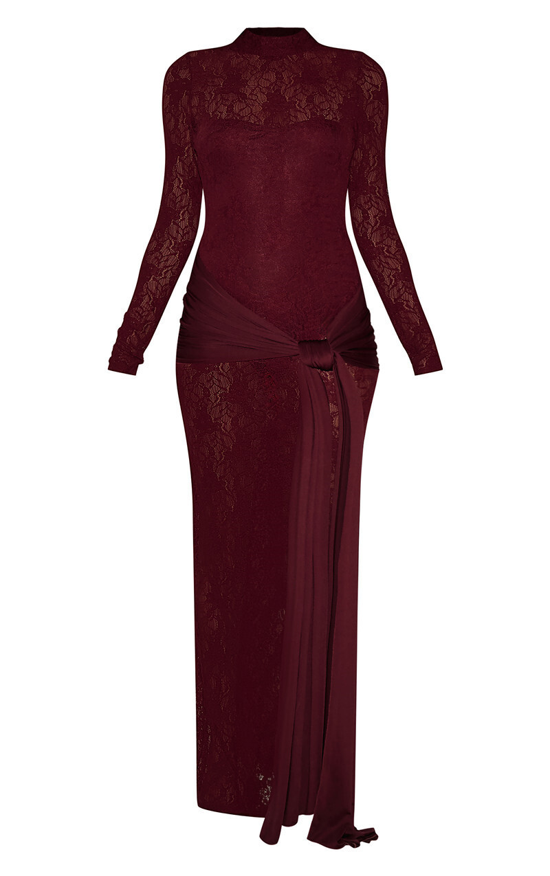 Burgundy Long Sleeve Lace Wrap Detail Maxi Dress image 5.jpg