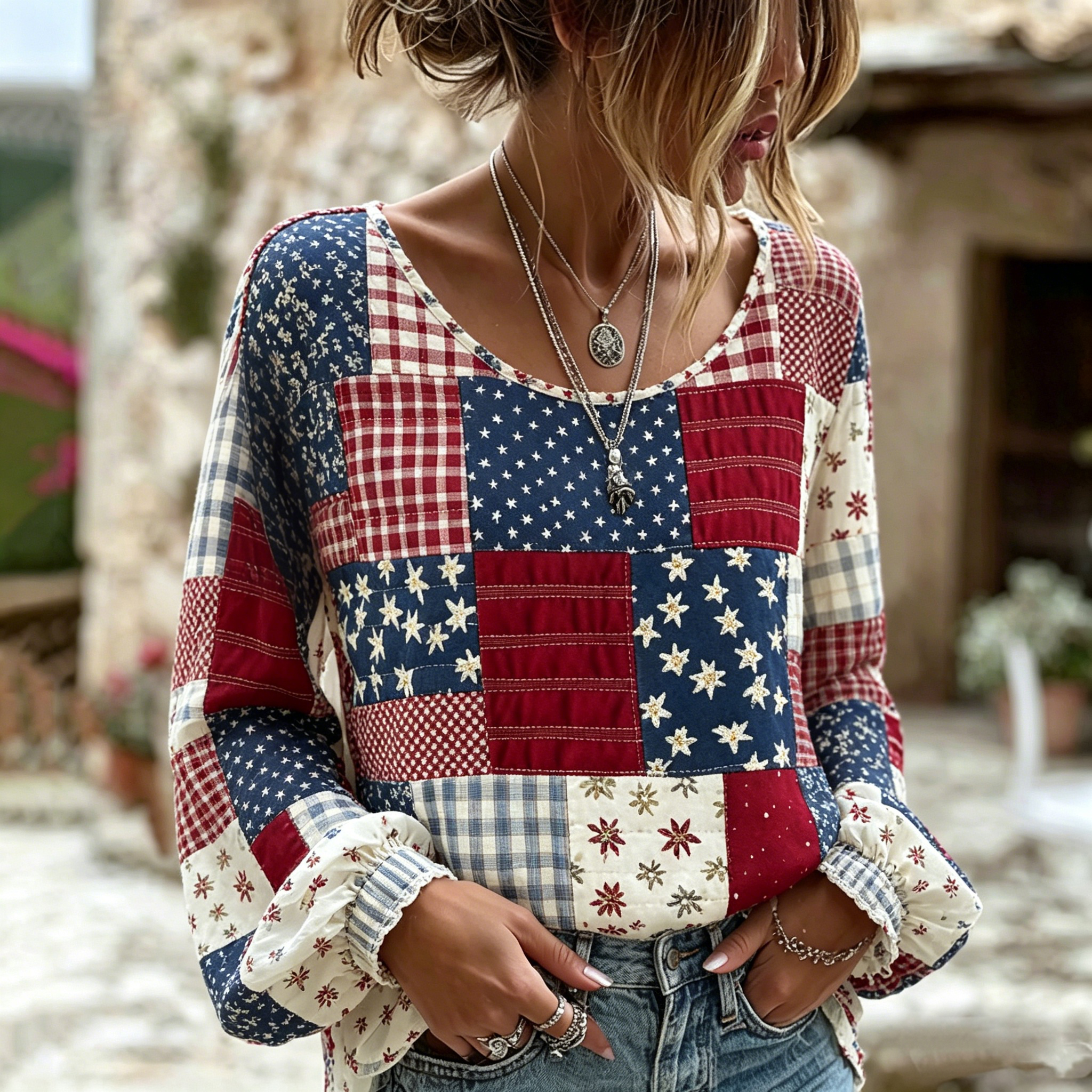 Comstylish Women's Vintage Independence Day Flag Patchwork Art Print Linen Blend T-shirt
