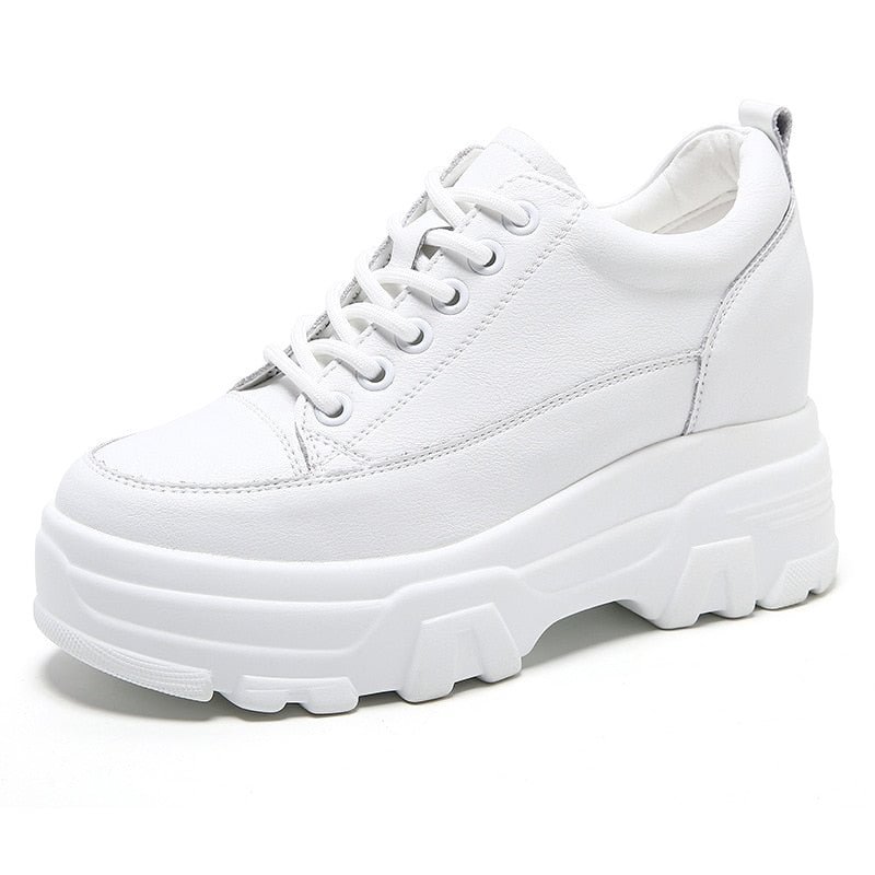 Fujin 8cm Leather Microfiber Women Casual Shoes Platform Wedge Hidden Heel Summer Shoes Platform Chunky Sneakeers Fashion White