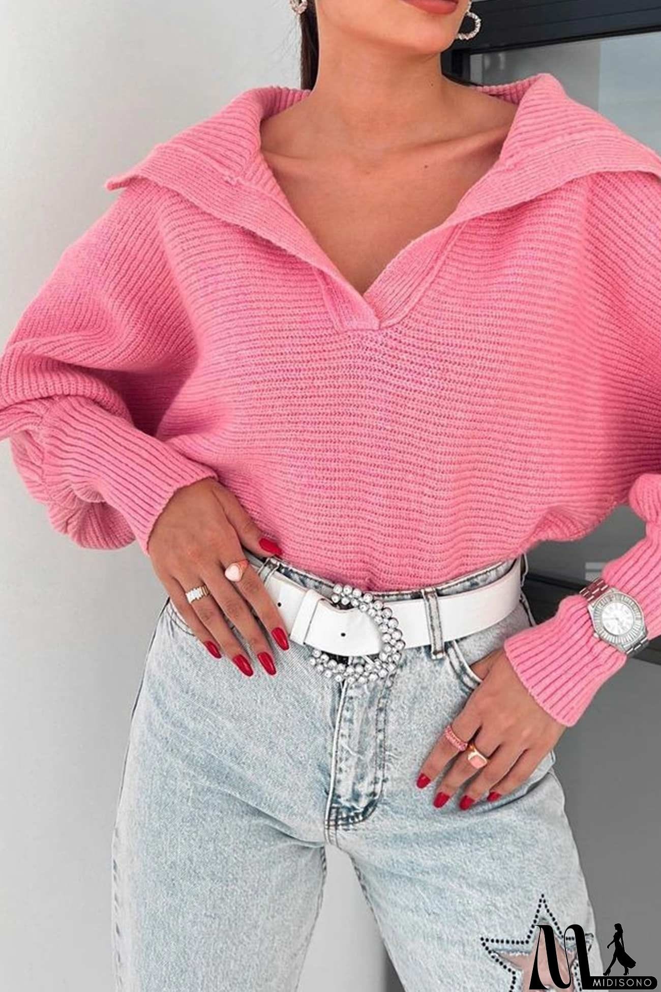 MidiSono - Lapel V Neck Puff Sleeve Sweater