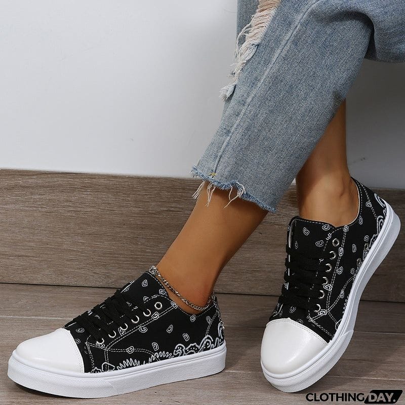 Cute Round Toe Lace Up Cartoon Print Canvas Loafers for Women