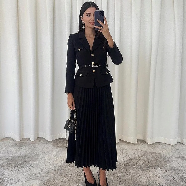 🔥Hot sale🔥Women's Blazer with Lapels and Maxi Pleated Skirt, 2-Piece Set with Matching Belt(🚛Free shipping)