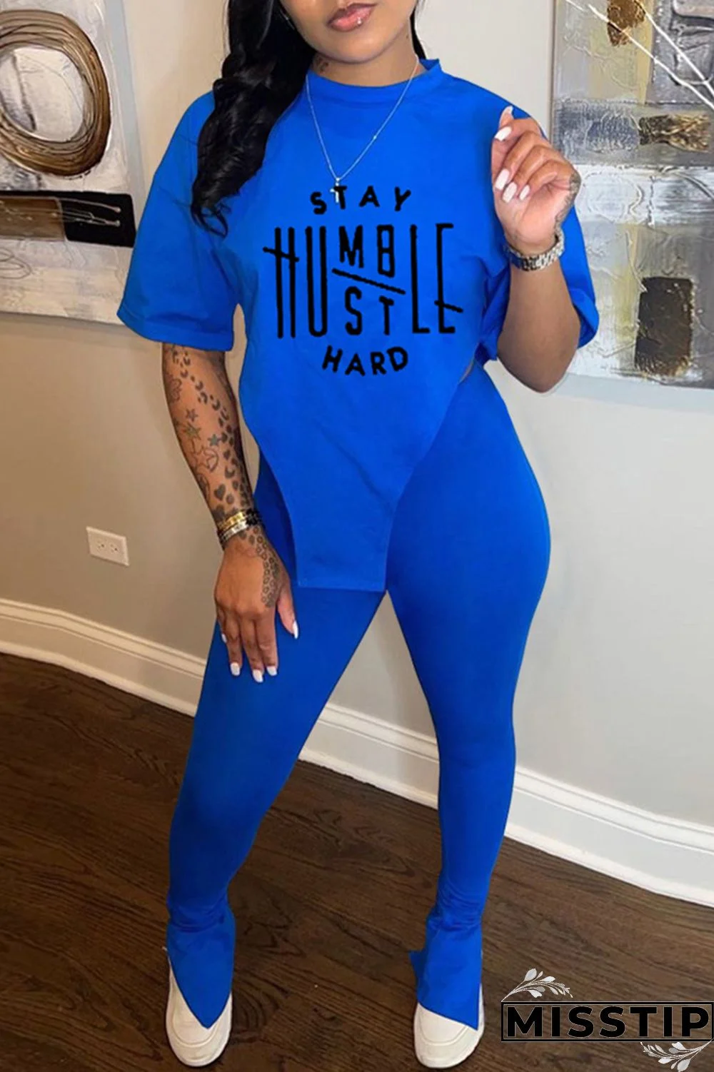 Black Fashion Casual Print Slit Asymmetrical O Neck Short Sleeve Two Pieces