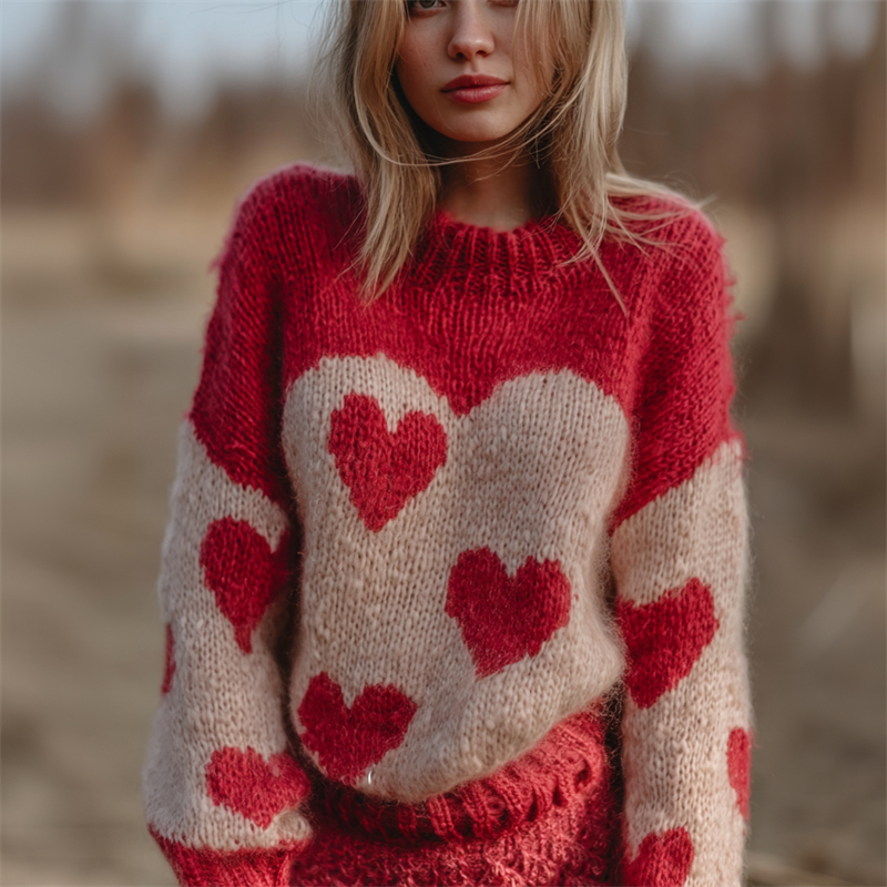 Vintage Valentine's Day Hearts Contrast Cozy Knit Sweater wearshes