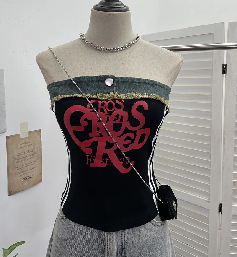 Nigikala Nigikala Shooting Cowboy Splicing Braid Vest Babes Letter Graffiti Printing Short Sleeveless Outside Wear 8927