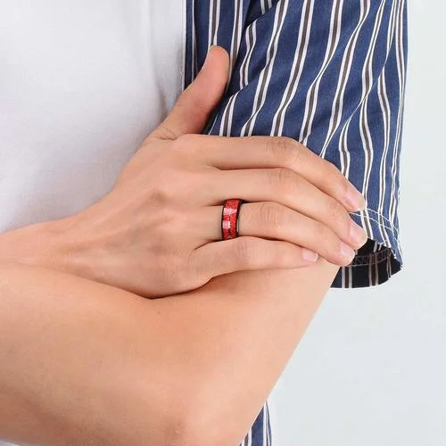 6MM 8MM Women's Or Men's Tungsten Carbide Wedding Matching Rings Black Tone with Cupid's Arrow over Red Inspired Meteorite Inlay Domed Top