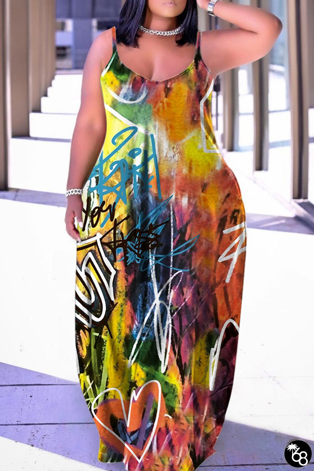 Multicolor Sexy Casual Print Backless Spaghetti Strap Long Dress Dresses | 168DEAL