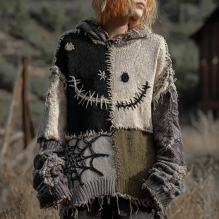 Halloween Spooky Face And Spider Web Patchwork Design Cozy Knit Hooded