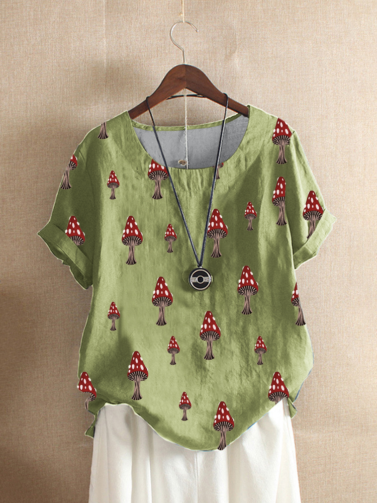 Mushroom Print Loose Short Sleeve O neck Casual T Shirt For Women P1823798
