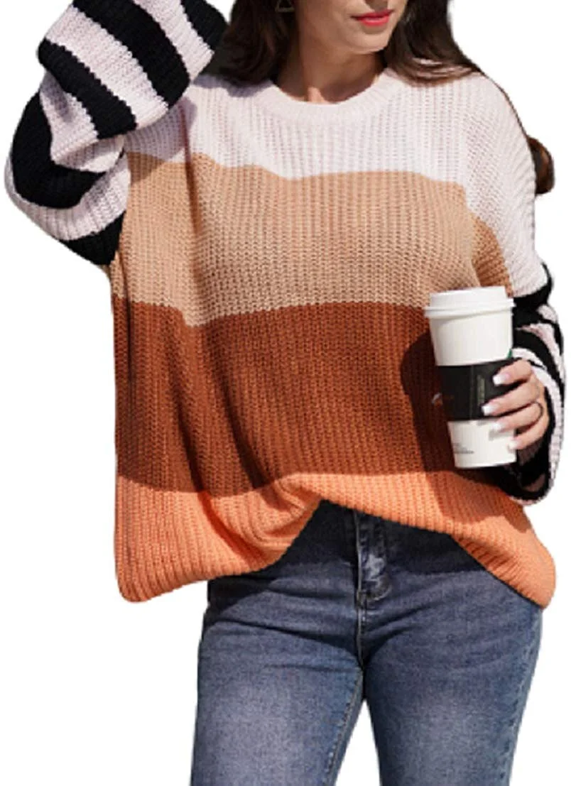 Womens Casual Crew Neck Color Block Oversized Lightweight Sweater Long Sleeve Knit Pullover Jumper Tops