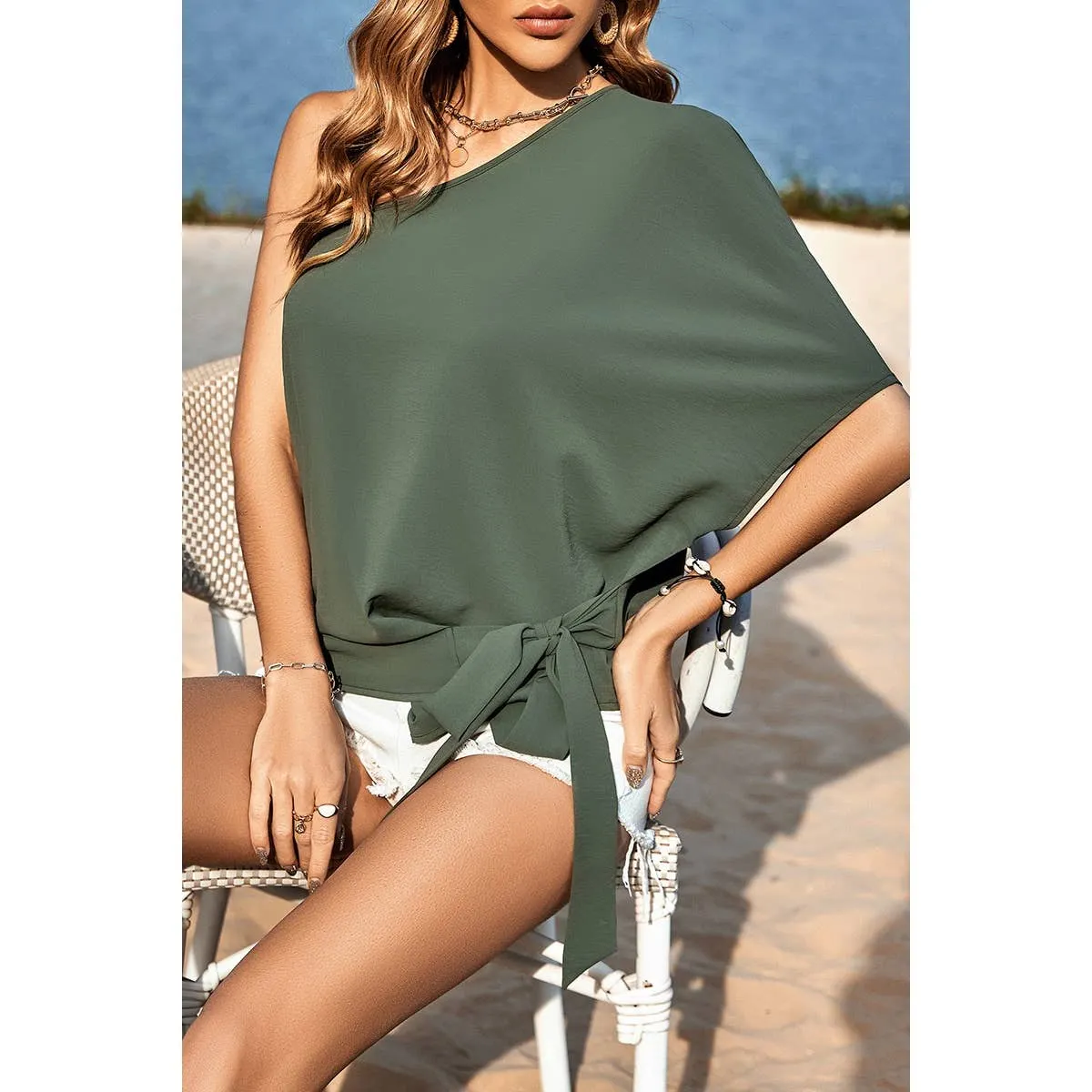 Solid One Shoulder Knot Loose Fit Wide Sleeve Top
