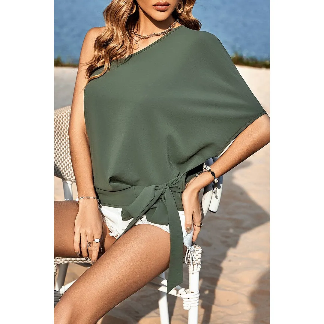 Solid One Shoulder Knot Loose Fit Wide Sleeve Top