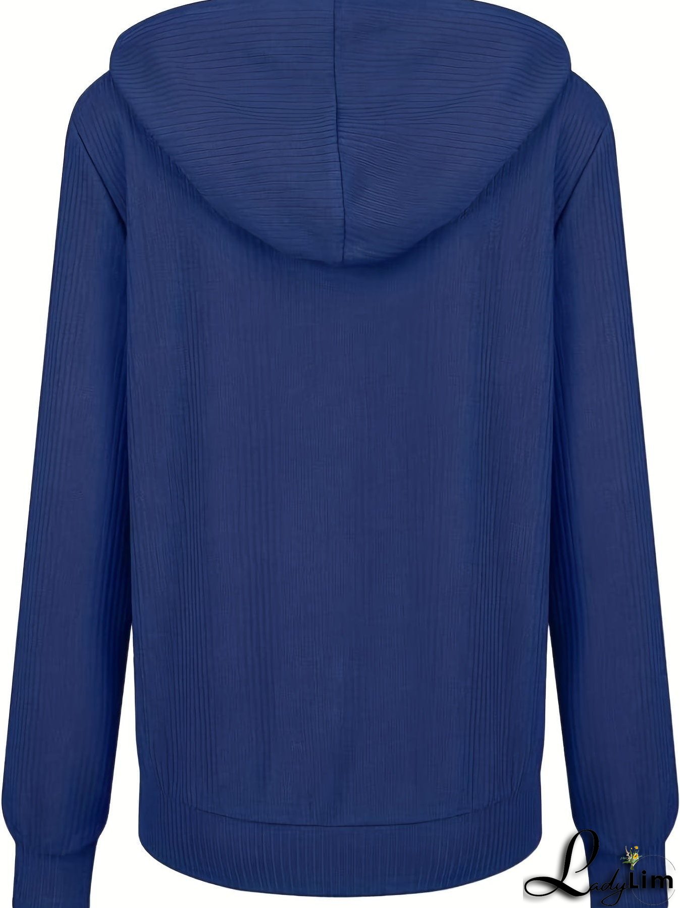 Plus Size Casual Coat, Women's Plus Solid Ribbed Zip Up Long Sleeve Drawstring Hoodie Sweater