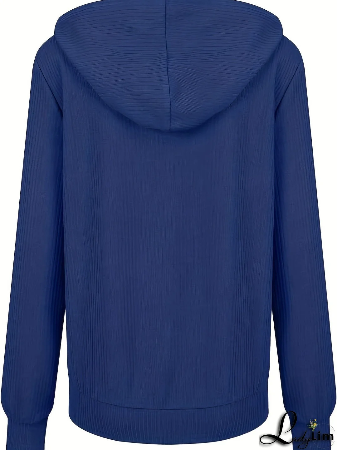 Plus Size Casual Coat, Women's Plus Solid Ribbed Zip Up Long Sleeve Drawstring Hoodie Sweater